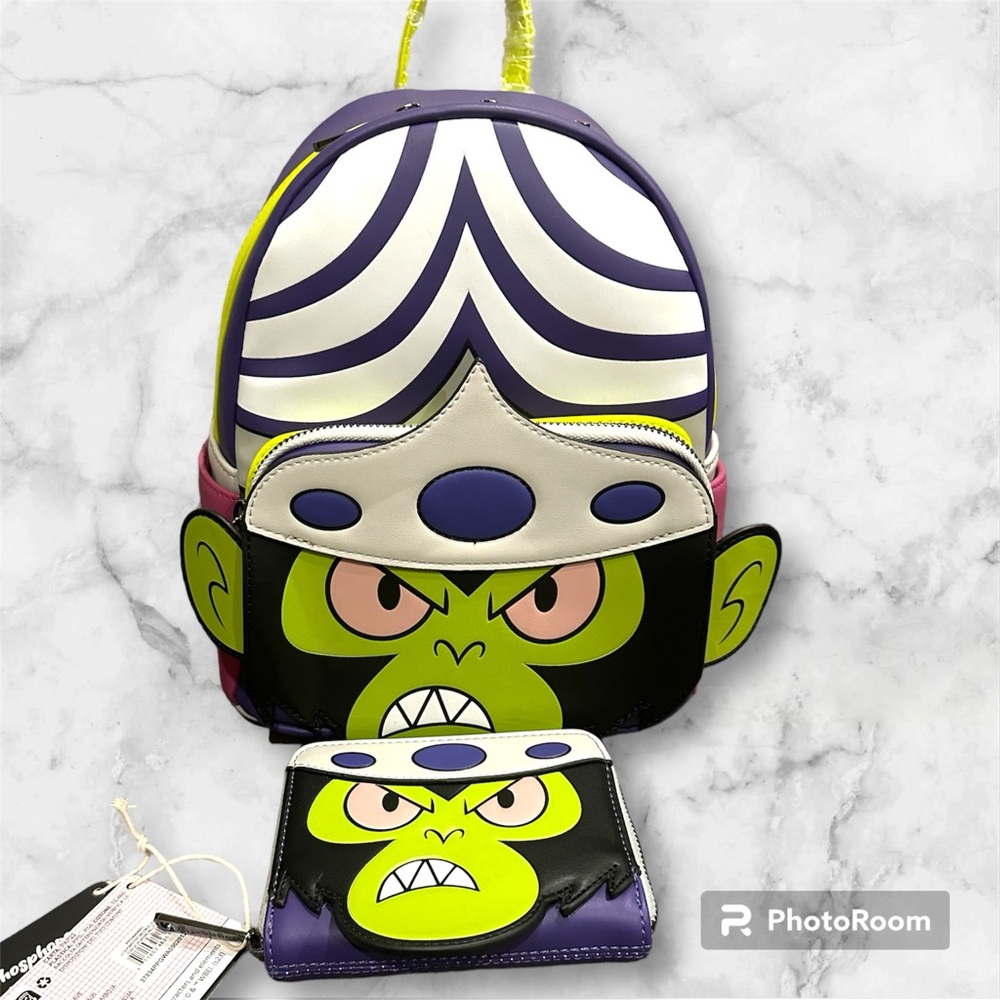 Cartoon Character Backpack and Wallet Set - Green and Purple